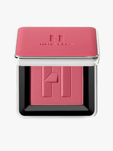 Haus Labs Color Fuse Blush in Hibiscus Haze pink blush compact on light gray background